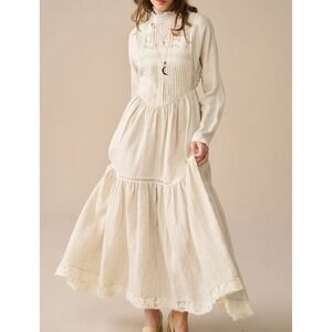 NWT Linennaive Beverly 31 Victorian Linen Natural Tiered Maxi Bow Prairie Dress